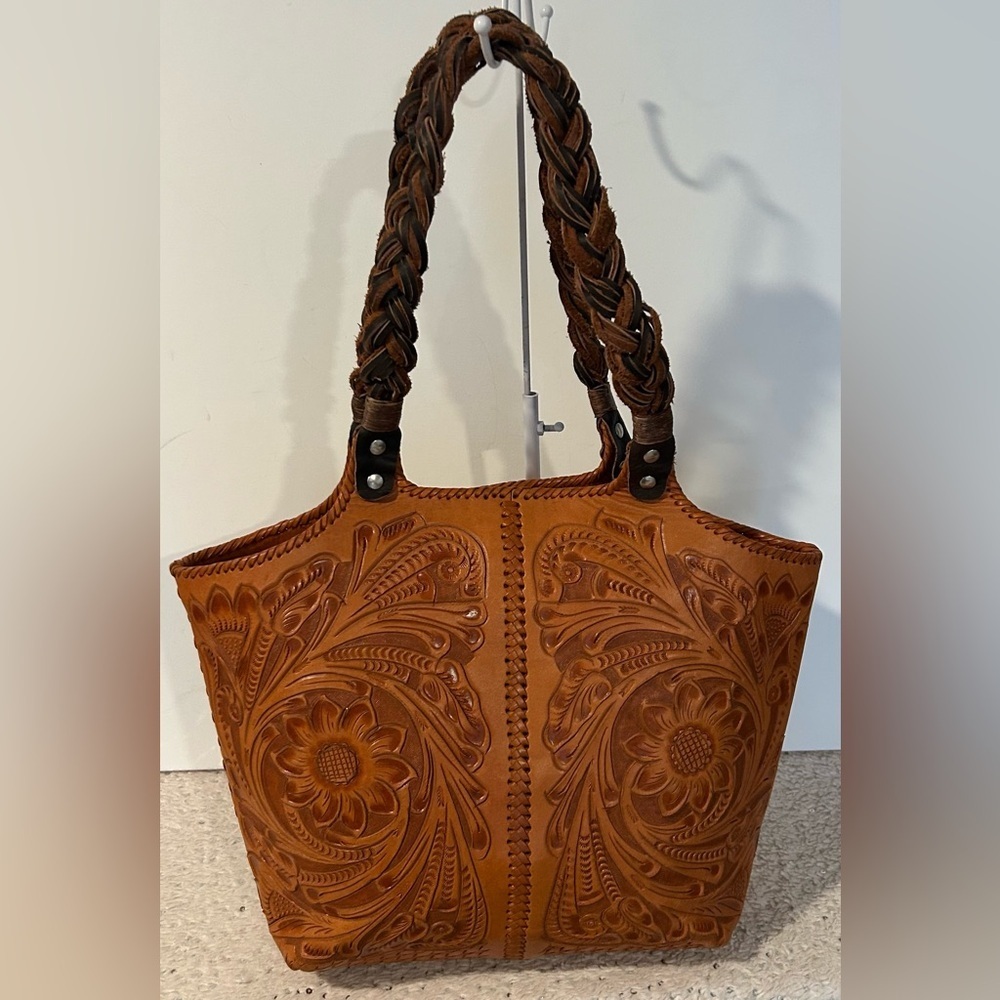 Alejandro Yeo Brown Leather Shoulder bag braided handle structured tote tooled - Picture 8 of 14
